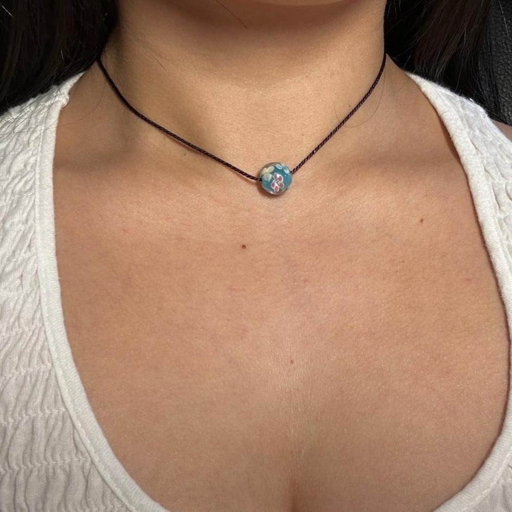 Handmade blue lampwork Flower Choker Necklace Brown Cord Crystal Bead Boho